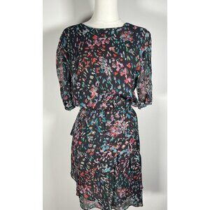 IRO black floral ruffle tiered sheer sleeve mini dress 36(S) designer French